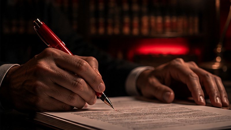 Lawyer marking up a contract at a desk