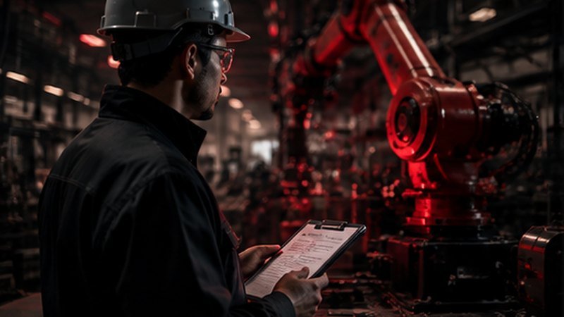 Supervisor checking production records on a factory floor